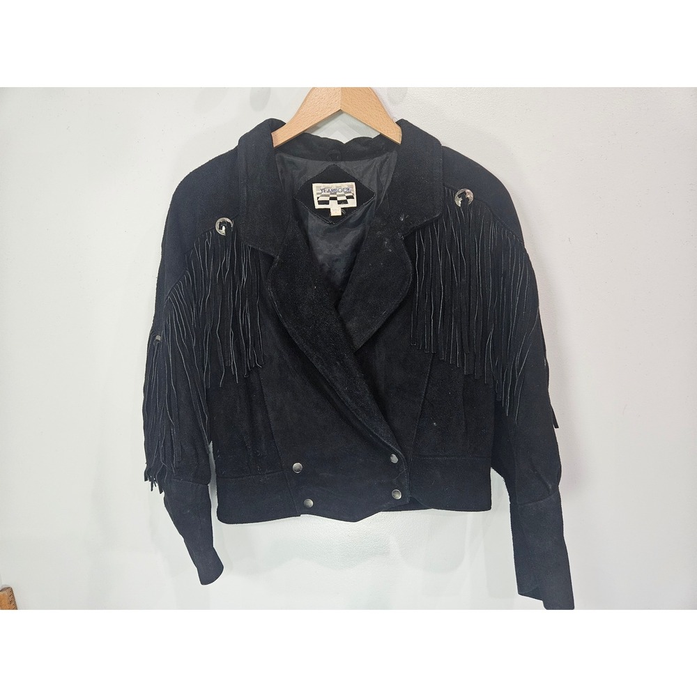 Vintage Yearbook Black Suede Fringe Western Jacket Concho Cropped Women L